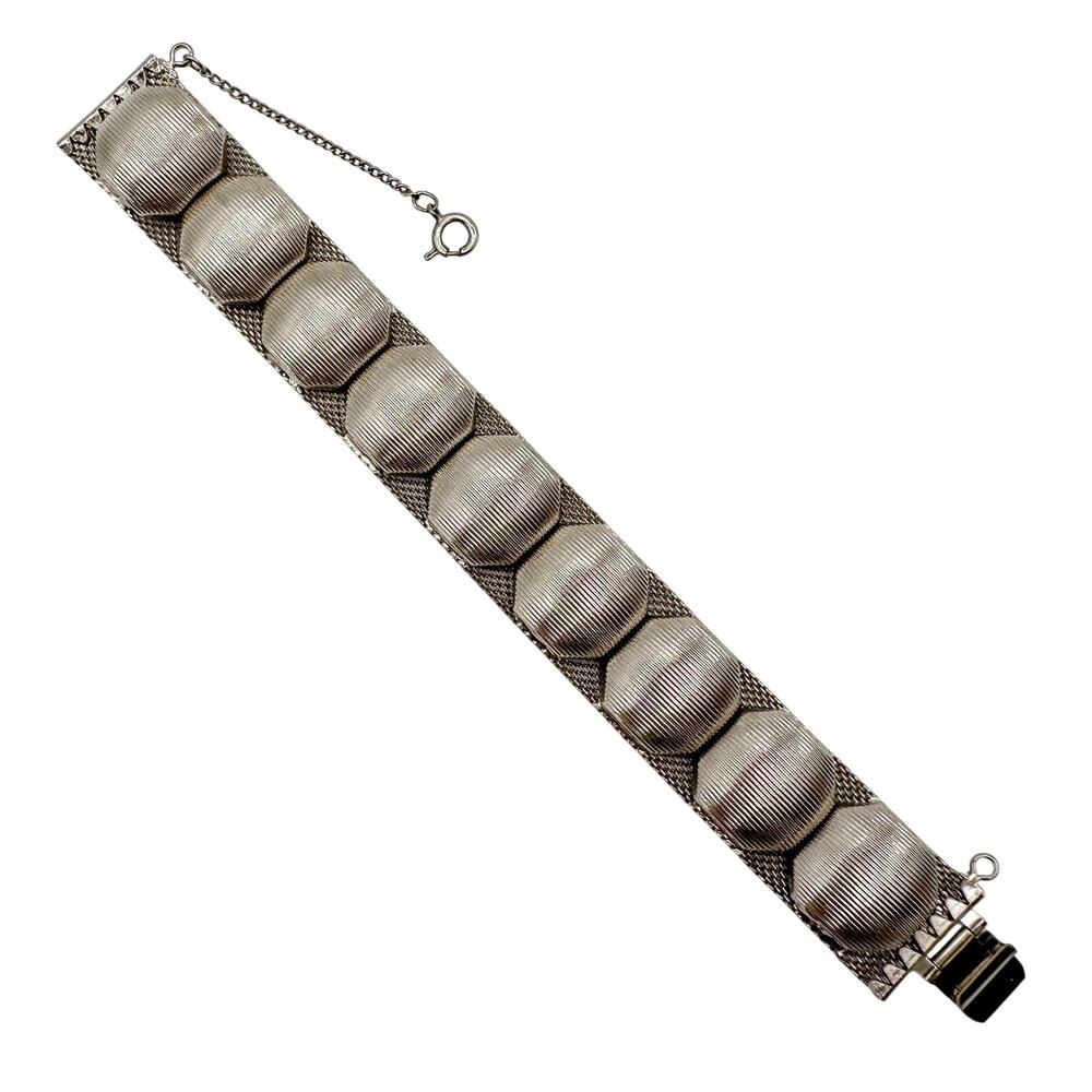 1950s Hobe Bracelet | 3d Mesh Silver Tone Panel Link Etched Texture Signed MCM